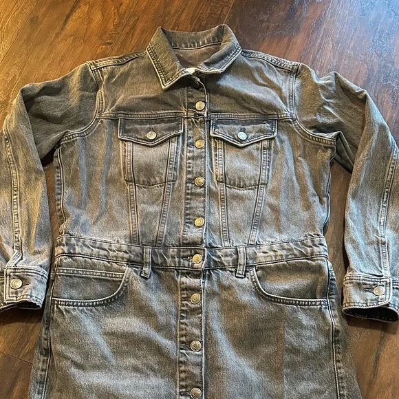 Zara Women's Charcoal Gray Black Wash Fade Long Shirt Dress Jacket - Picture 3 of 14